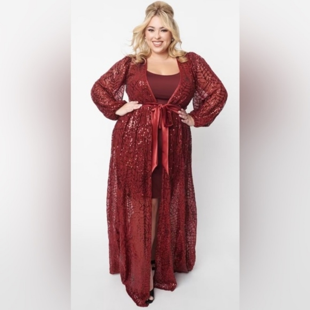 RARE Unique Vintage Goth Burgundy Red Sequins Spiderweb Duster Small NWT